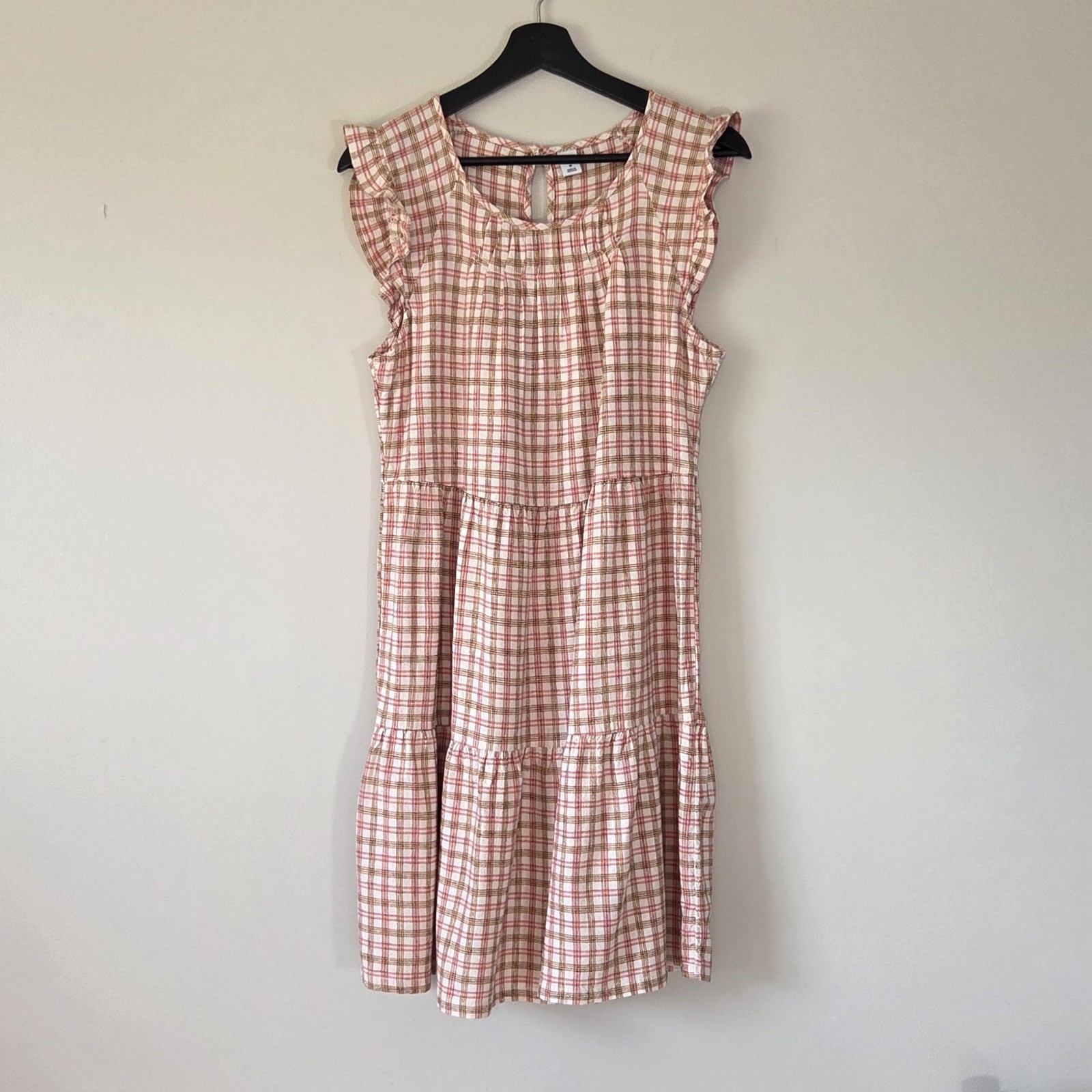 Old Navy Women's Plaid Dress Size M Ruffle Tiered Linen Blend Summer