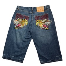 Pantalones cortos de mezclilla bordados vintage Ed Hardy Tiger - talla 36 - Y2K Streetwear Jorts