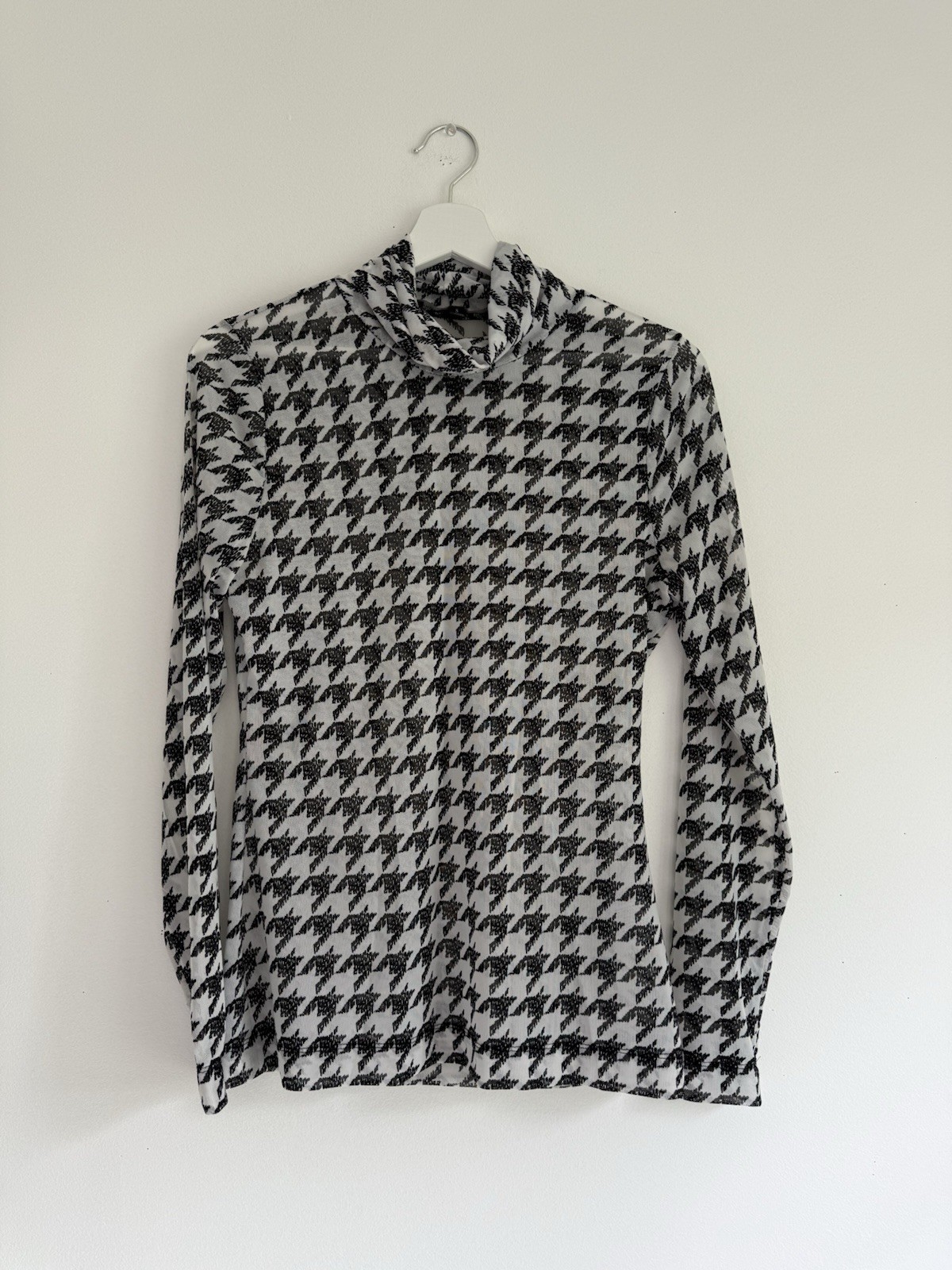 White House Black Market Sheer Houndstooth Turtleneck Top Size S Black White Str