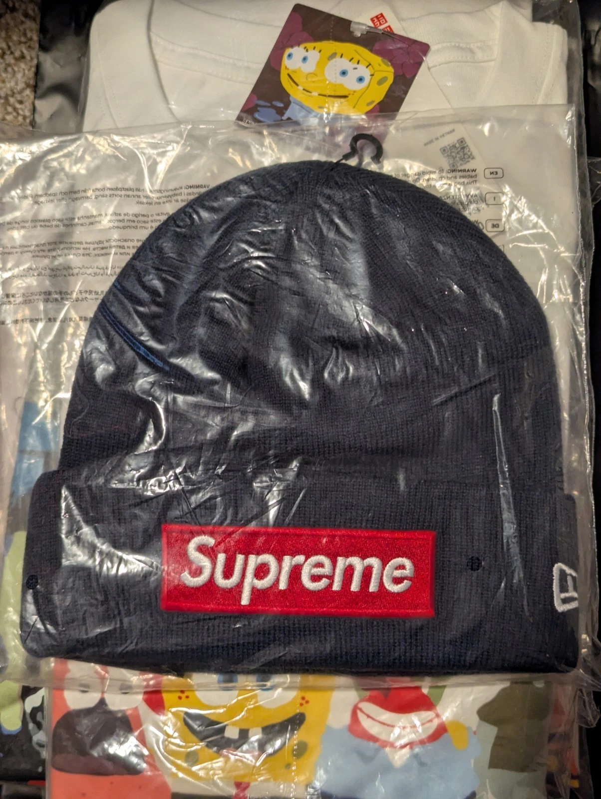 Supreme x New Era® Boîte Logo Bonnet Marine Scellé Authentique Scellé Non Ouvert avec Étiquettes