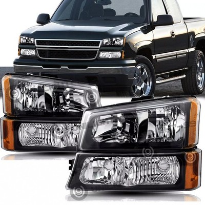 For 2003-2006 Chevy Silverado 1500 2500 3500 Black Bumper Lamps Headlights Pair