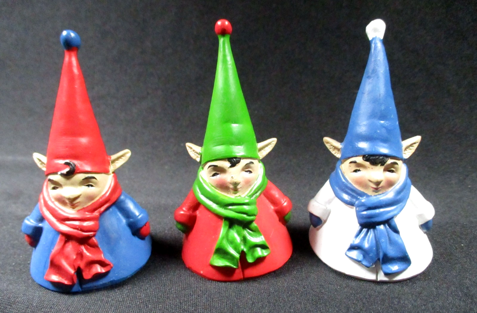 3 Pixie/Fairy Elves Figurines - Pointy Ears - Pointy Hats - Scarves - 3 ...