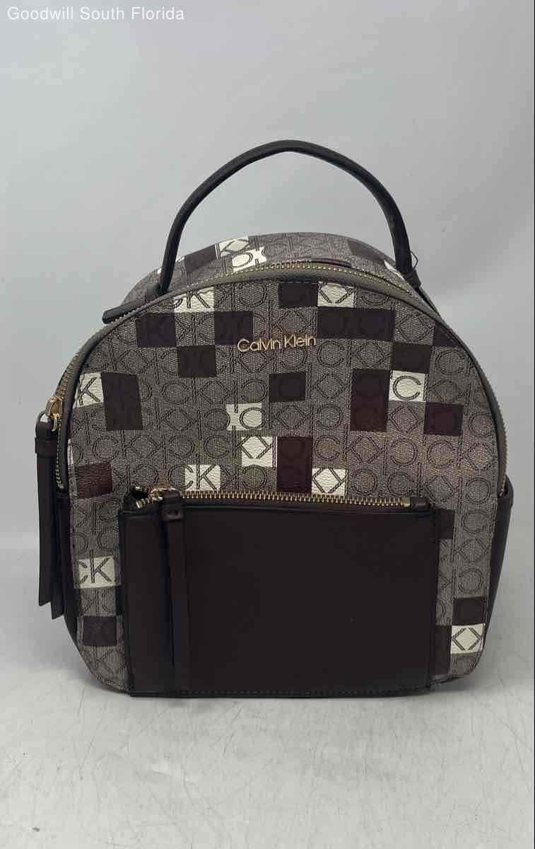 Calvin Klein Womens Brown Monogram Faux Leather Trim Adjustable Strap Backpack