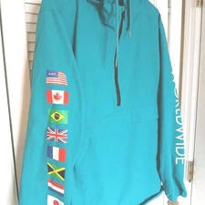 Huf Worldwide Anorak Mens Jacket Teal XL ½ Zip w/ Hood Country Flags Graphic 
