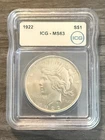 1922 Silver Peace Dollar Coin ICG Certified Graded MS63 (90% Silver, 10% Copper)