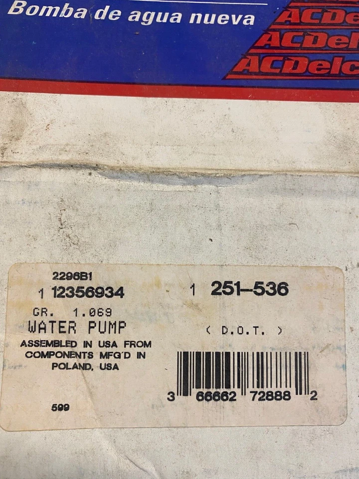 Bomba de agua Acdelco GM OEM Dodge Plymouth Chrysler Mitsubishi 2.5 3.0 90-00 Nuevo de Lote Antiguo Foto 2 de 3