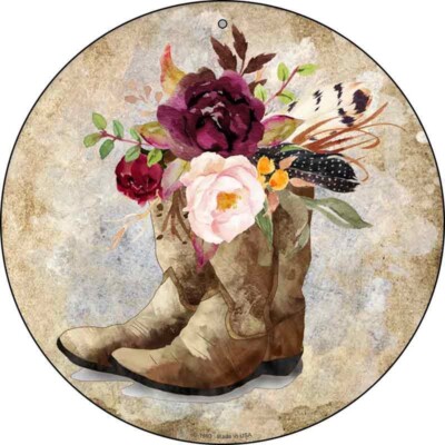 Flowers In Boots Novelty Round Circular Metal Sign 12'' Home Garage Wall Decor