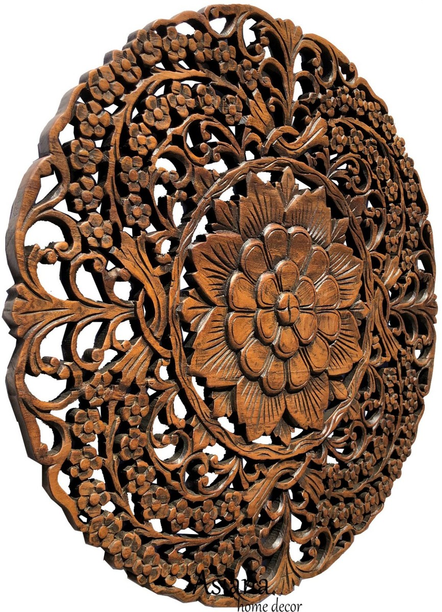 Round Wood Carved Floral Wall Art. Decorative Asian Wood Wall