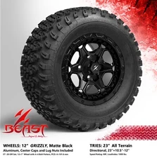 4x GOLF CART 12" MATTE BLACK GRIZZLY WHEELS and 23"x10.5"-12" ALL-TERRIAN TIRES