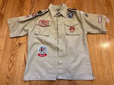 Boy Scout BSA Uniform Shirt Youth LG Short Sleeve Large Tan Cotton Polyester L