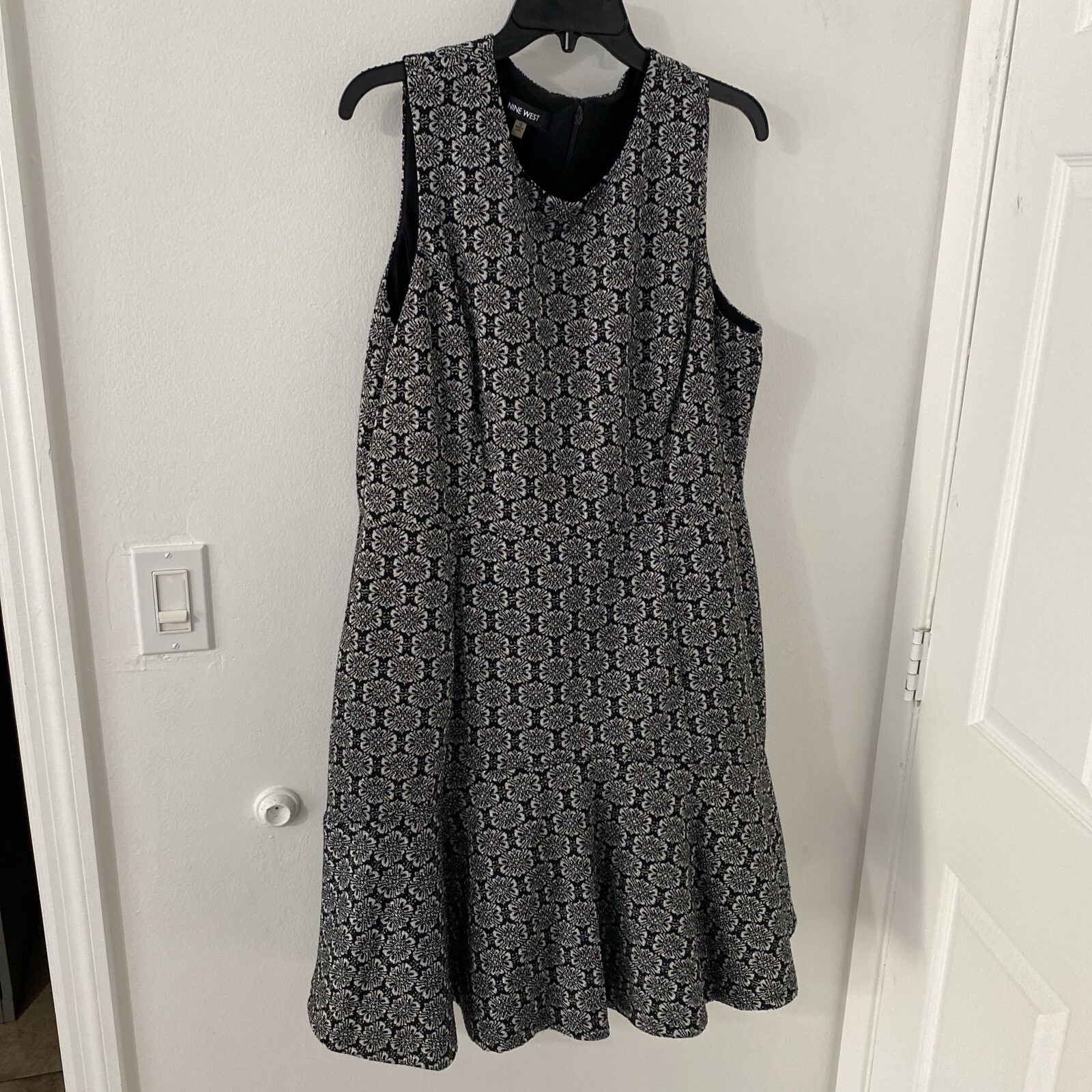 NINE WEST 16 Black & Silver Print Drop Waist Dress NWT $79