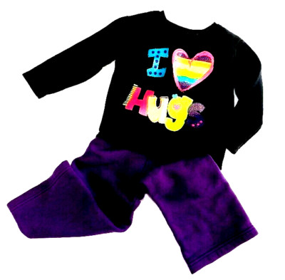 2 pcs Garanimals Sweatshirt Pants Size 24 Mo Black Purple I Love Hugs Embroidery