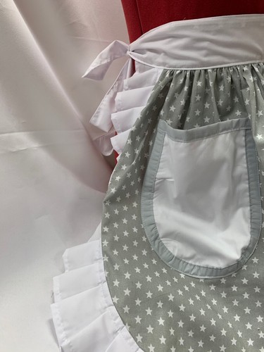 RETRO VINTAGE 50s STYLE HALF APRON / PINNY - GREY WITH WHITE STARS AND WH - Picture 2 of 8