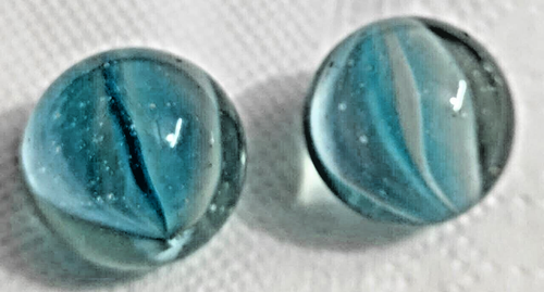 OLD2 TOY MARBLES 4 veins cats eye tinted turquoise blue 0.66''& 0.675'' - Picture 11 of 23
