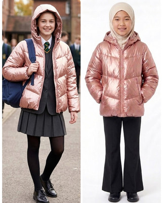 Mädchen sehr rosa metallic wattierter Mantel Kapuze Schuljacke Puffer Alter 11-14 Jahre