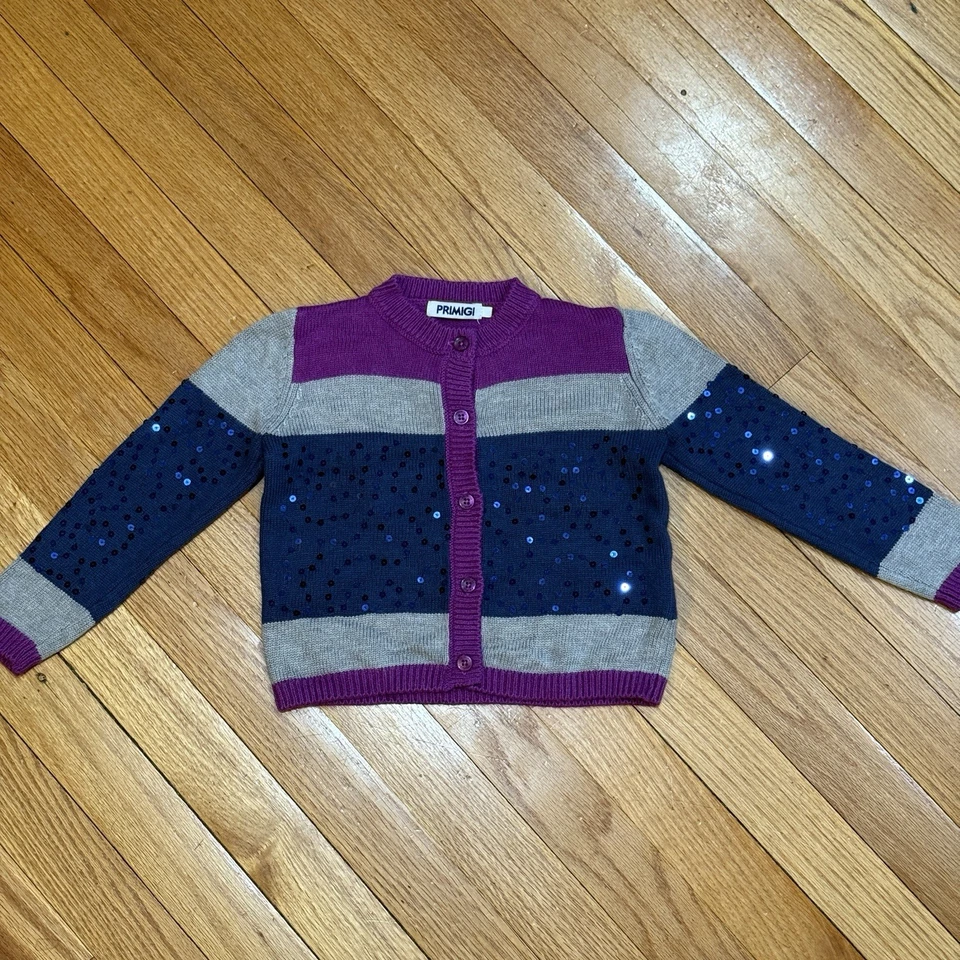 Cárdigan PRIMIGI Niñas Bloque de Color con Lentejuelas Talla 4 Abotonado USADO UNA VEZ  Foto 2 de 4
