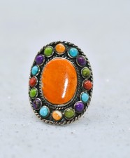 Spiny Oyster Multi-Gemstone Rope Border Sterling Silver Philippines Ring Size 7