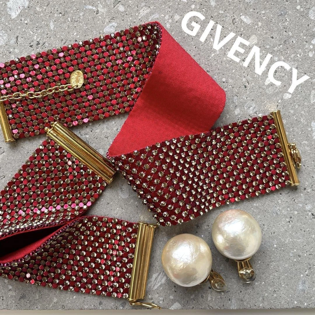 Givenchy Paillettes Cotone Perle Girocollo Bracciale Orecchino Set 3 Pezzi Vintage Rosso