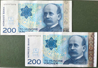 #Nank of Norway 2 x 200 Kroner Consicutive 2004 P 50 XF Kristian Birkeland