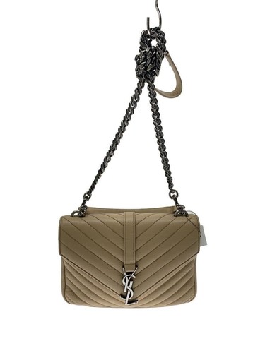 Saint Lauren Shoulder Bag Chevron Quilted YSL Logo Chain Leather BEG Used