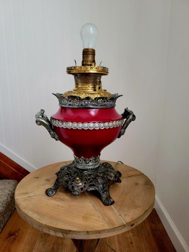 Antique Victorian Very Ornate Red Bradley & Hubbard GWTW Oil Lamp Metal Base