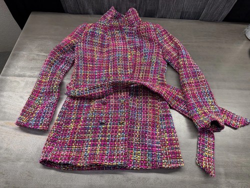FOREVER 21 PINK TWILL Multicolored Double Breasted Coat With Belt NWT Small