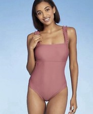 New Kona Sol Women's Square Neck Ruffle Shoulder Pink One Piece Swimsuit Size XL