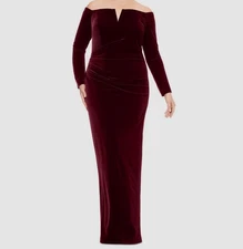 Betsy & Adam Women's Red Notch-Neck Off Shoulder Velvet Gown Dress Plus Size 16W