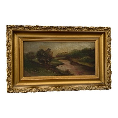 Antique Woodlands Pastoral River Landscape Oil On Canvas Gold Gild Frame