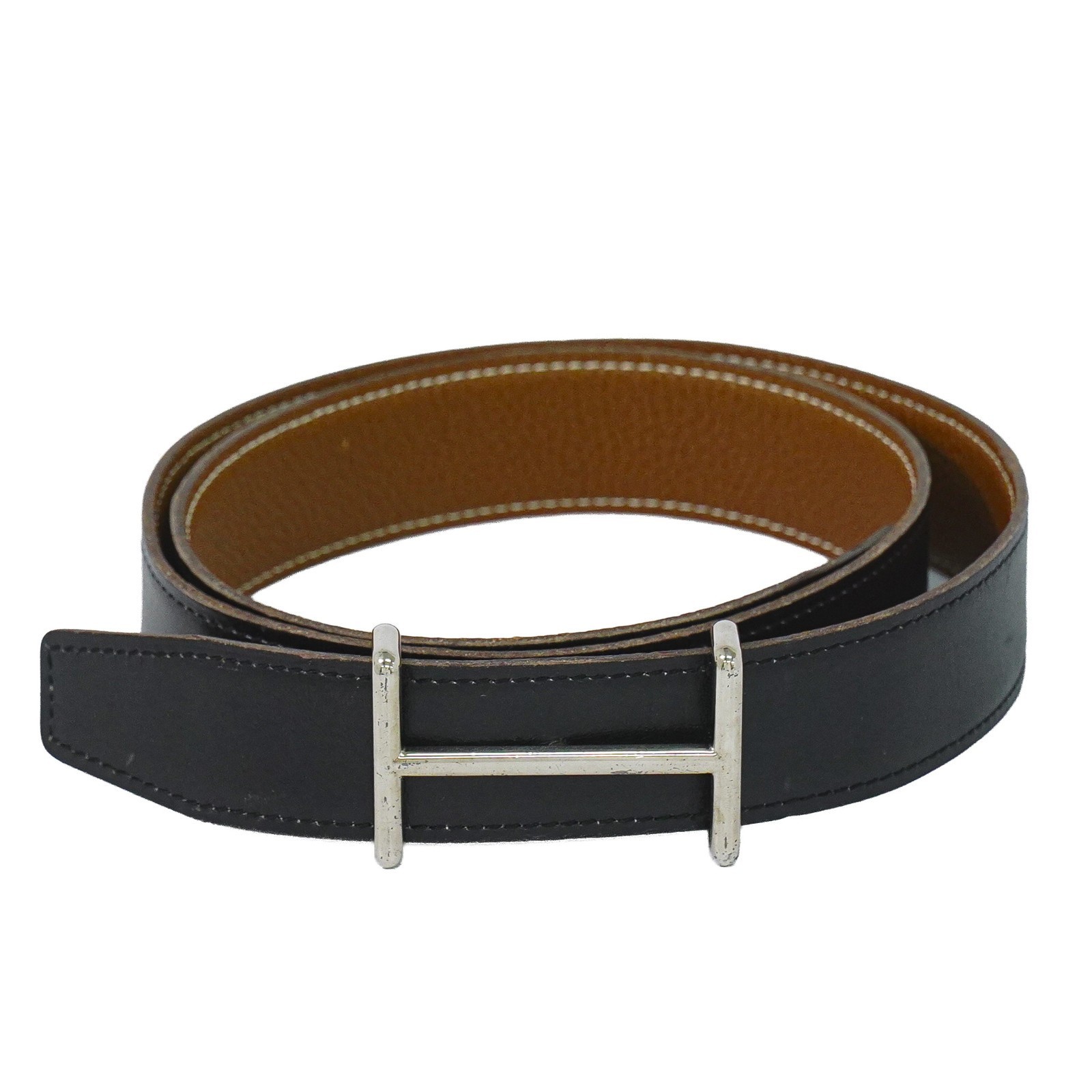 HERMES H d'Ancre Leather Reversible Belt Black Brown #85