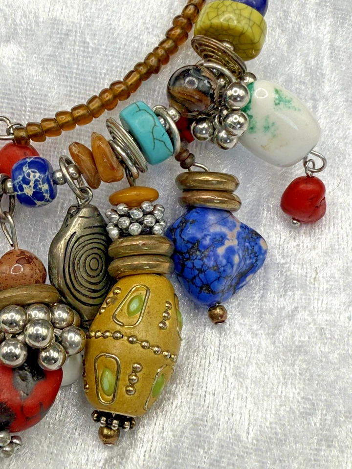 Vintage Boho Glass Beaded Necklace Metal Stones 16" - Image 2 of 4