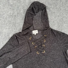 OLIVE+OAK Hoodie Shirt Large Black Heather 1/4 Lace Up Long Sleeve Women's
