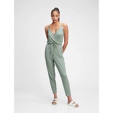 NWT GAP Ribbed Surplice Wrap Jumpsuit Medium Sage Green Casual Spring Romper