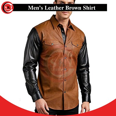Men's Real Lamb Tan Leather Full Black Sleeves Shirt Front Chest Pockets Button