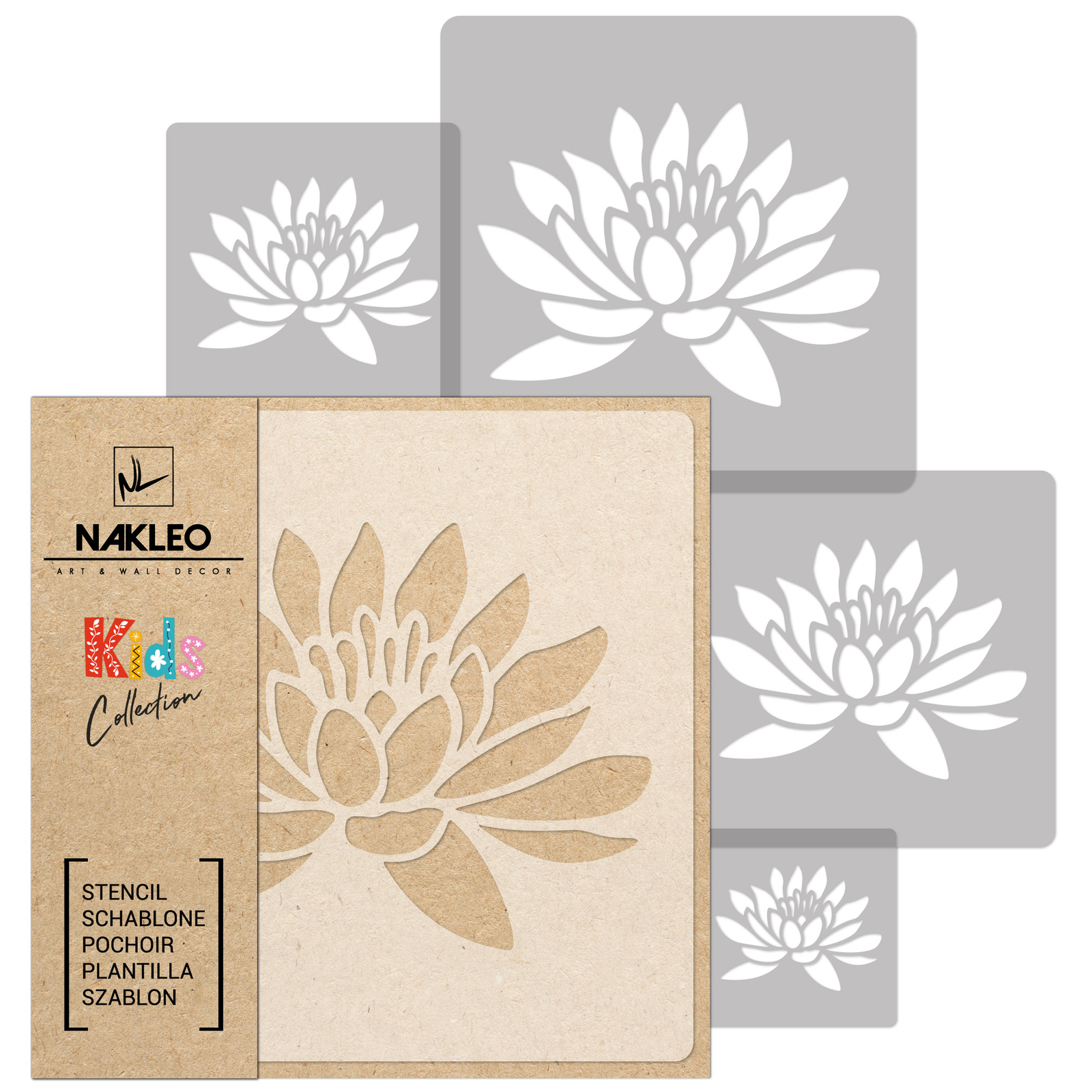 5x reusable PLASTIC Stencils 34x34cm to 9x9cm Nursery Template / LOTUS FLOWER