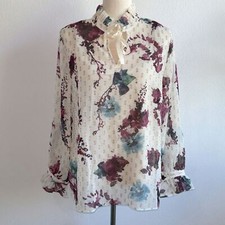NWT Soft Surroundings Primrose Sheer Cream Floral Gold Neck Tie Blouse Sz M