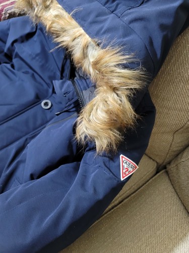 GUESS Navy Heavy Weight Men's Faux Fur Hood Parka Jacket SZ M - Picture 3 of 4