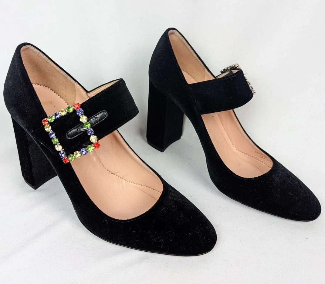 J Crew Italy sz.9.5 K2910 Black Velvet Mary Jane Pumps Chunky Heels Buckle Strap eBay