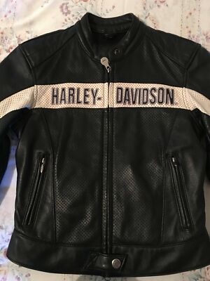 Harley Davidson Leather Jacket Woman's XS Perforated Black & Ivory