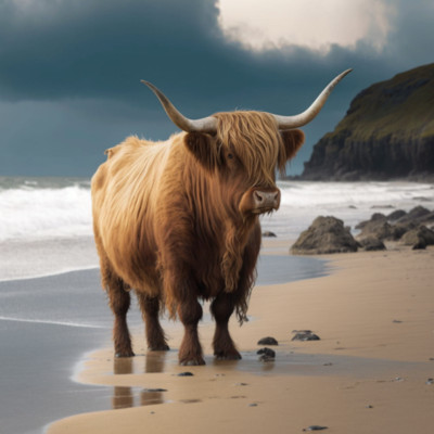 Leinwandbild Highland Cow Beach Hintergrund Unikat 30mm tief gerahmt Kunstwerk