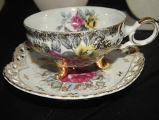 Vtg Hand Painted Lefton China Footed Cup & Ornate Edge Saucer Rose Pattern Gold
