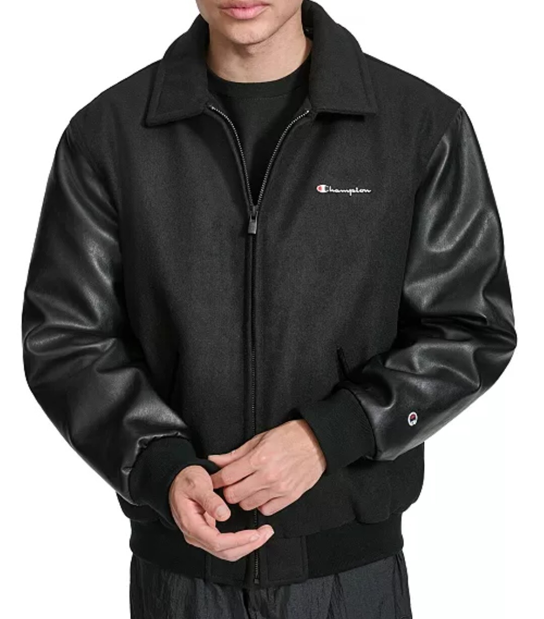 Champion Mixed-Media Logo Zip Men's Black Varsity Jacket New