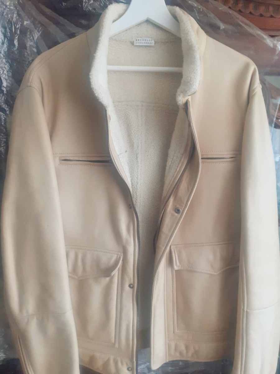 Men's $8k B. CUCINELLI Beige Luxury SHEARLING Biker Jacket