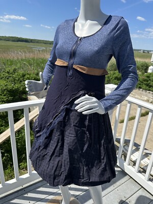 NEW XS Pyramid Collection dress blue bohemian artsy funky gingham shimmer zipper