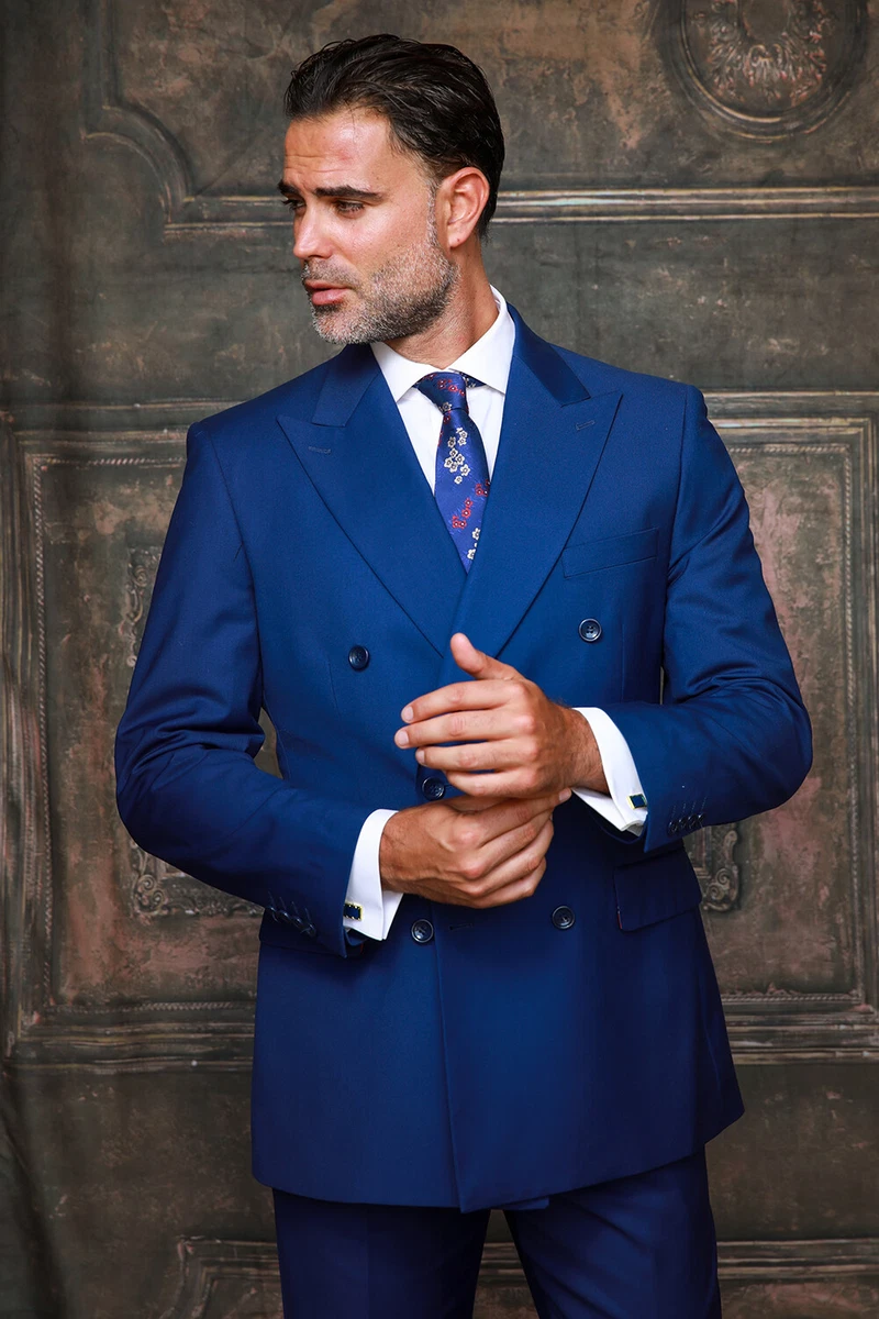 NWT 48R SOLID SAPPHIRE MENS DOUBLE BREASTED SUIT MODERN FIT 2
