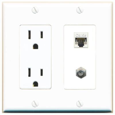 RiteAV Power Outlet and CAT5E COAX Wall Plate Decorative [White]