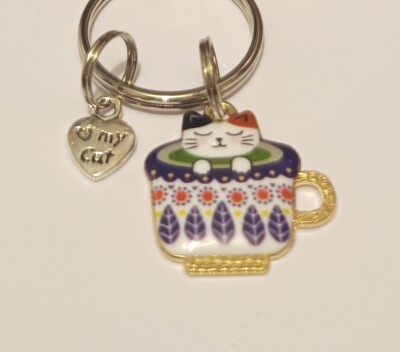 Adorable 'Cat in a Teacup' Keyring Bagcharm useful cute little gift     