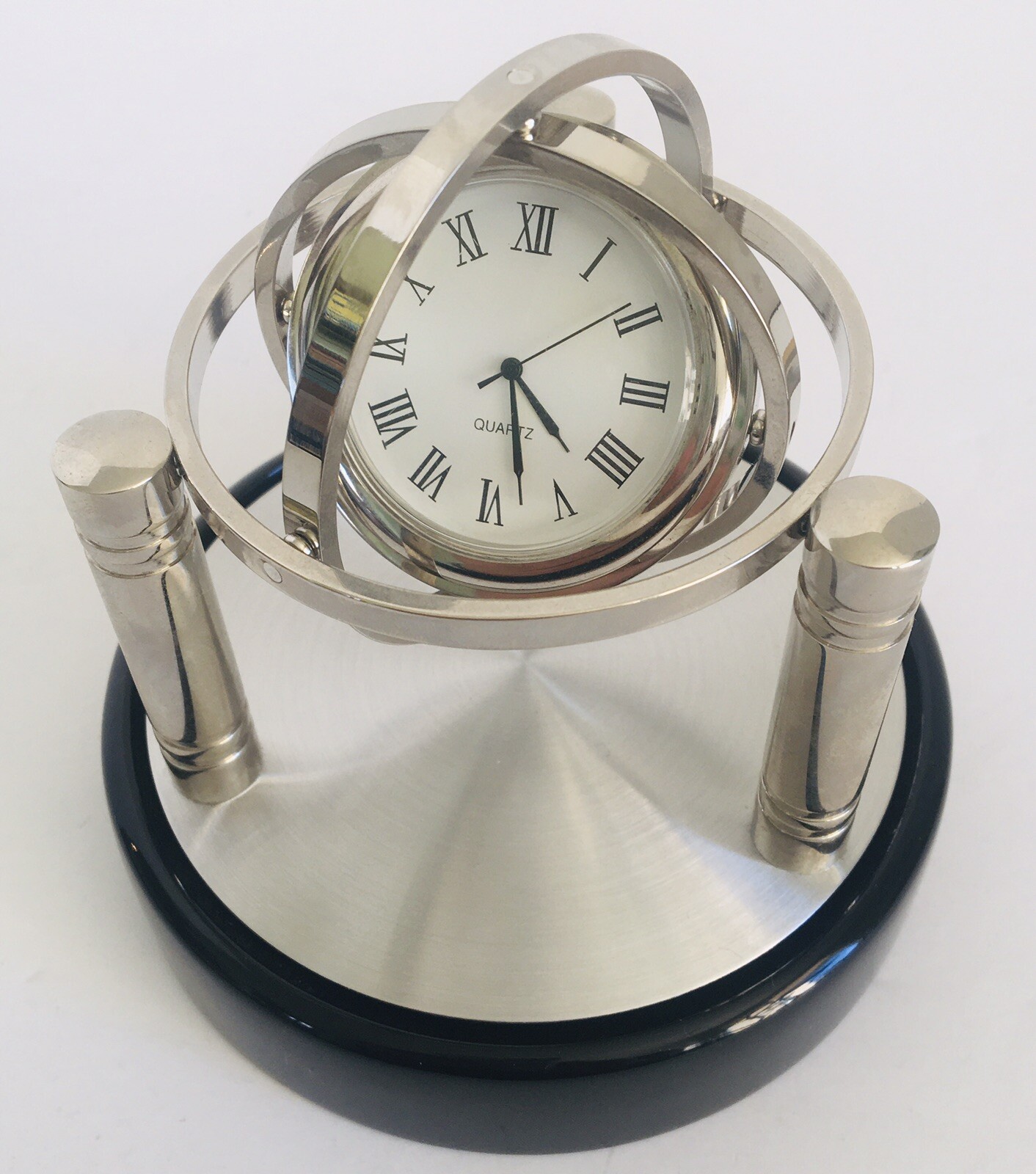 Spinning Gyro Silver Tone Quartz Desk Table Clock Unique