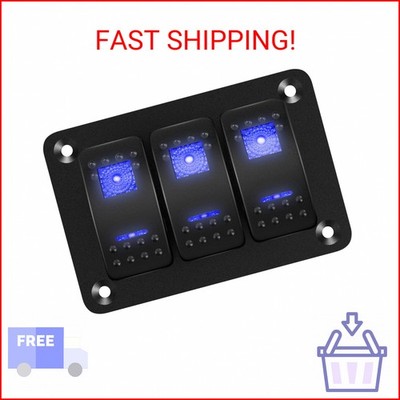DaierTek Marine Switch Panel Waterproof 12V 3 Gang Rocker Switch Panel Blue LED 