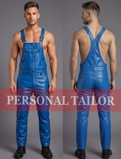 Men's Real Blue Lambskin Leather Bib Overall Dungaree Jumpsuit Utility Uniform